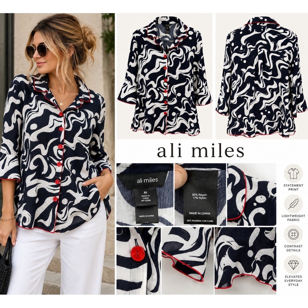 Ali Miles M Navy White Abstract Swirl Tunic Blouse Red Trim Button Front Artsy